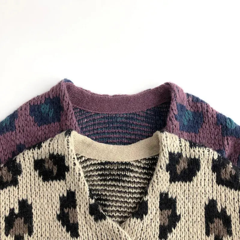 Leopard Print Sweater for Girls in Lilac and Khaki, stylish cotton sweater with front buttons, perfect for autumn, kids’ fashion, and everyday wear.