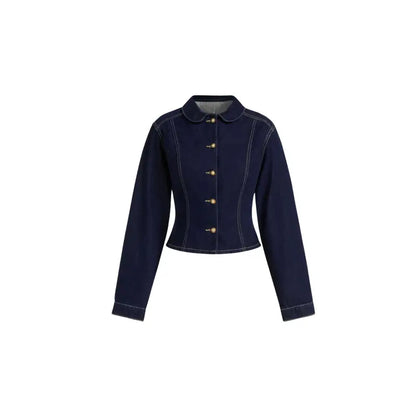 Stylish dark blue denim jacket with button details and straight cut for women