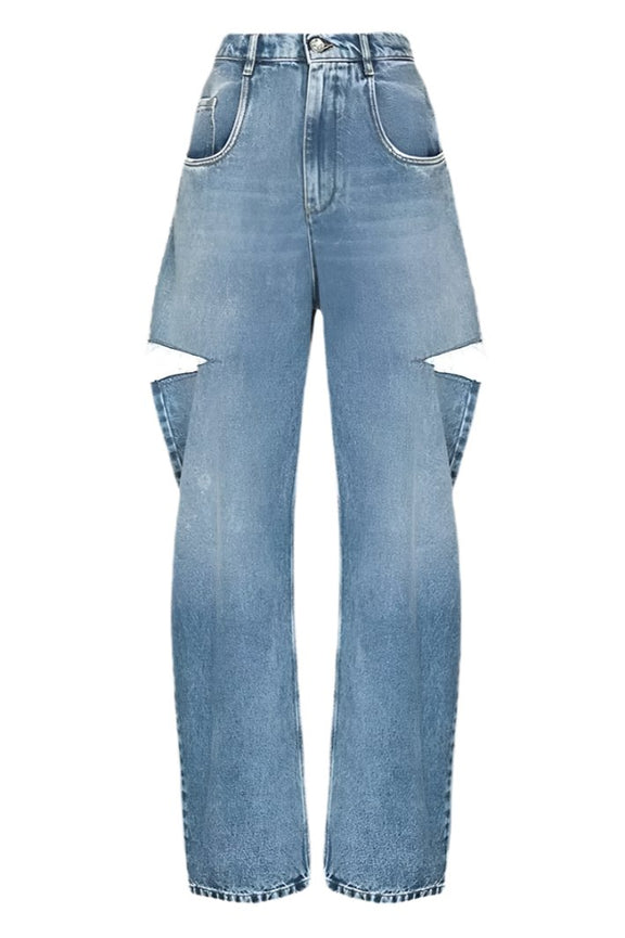 Stylish women's wide-leg jeans featuring cut-out details.