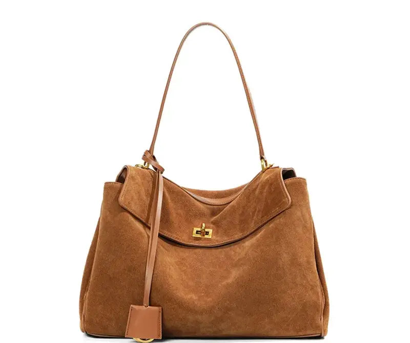 Aurelia Suede Handbag - Premium Brown Suede with Gold Buckle, Elegant and Timeless Luxury for Women.