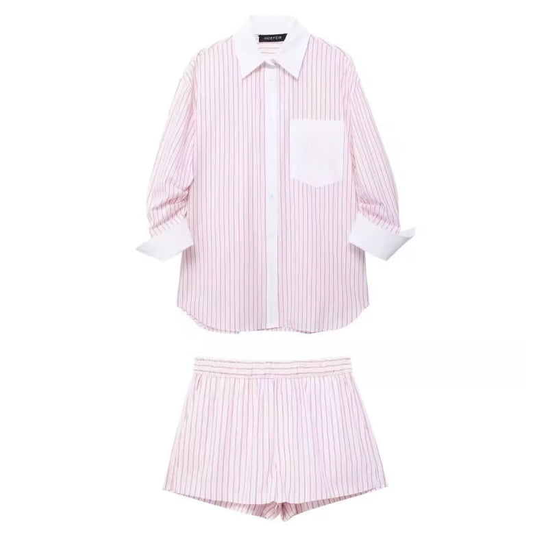 Women’s pink striped lounge set – oversized button‑down shirt with white contrast collar and cuffs, matching elastic‑waist shorts, summer casual two‑piece outfit, poplin cotton blend.
