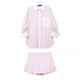 Women’s pink striped lounge set – oversized button‑down shirt with white contrast collar and cuffs, matching elastic‑waist shorts, summer casual two‑piece outfit, poplin cotton blend.

