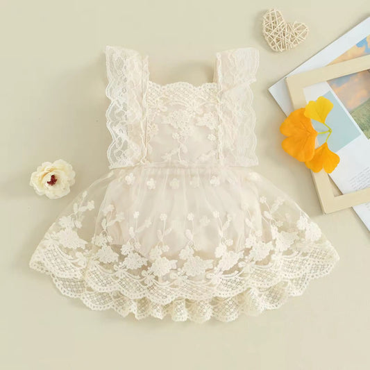 Cream lace romper for baby girl, baby christening outfit, toddler summer romper dress.
	