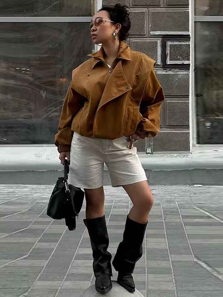 Camel brown suede-look oversized coat for women with lantern sleeves

