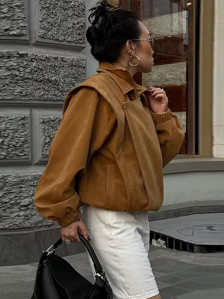 Tokyo suede pilot jacket women – oversized lantern sleeve coat in camel brown
