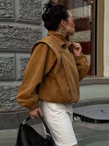 Tokyo suede pilot jacket women – oversized lantern sleeve coat in camel brown
