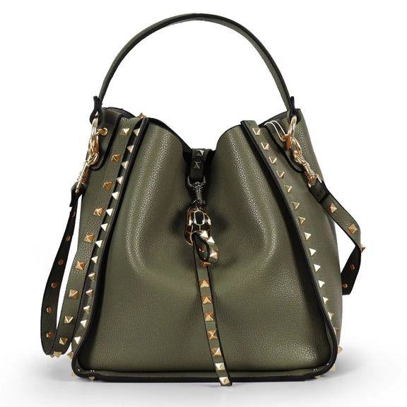 Trendy bucket bag made from genuine cowhide leather with studded details