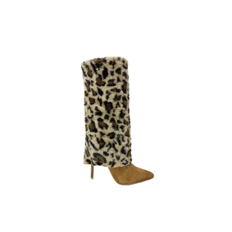 Trendy knee-high boots with leopard print faux fur and tan faux suede, featuring a sleek pointed toe, high stiletto heel, and a side zipper for easy wear. Perfect for adding a bold statement to any fashion-forward outfit.