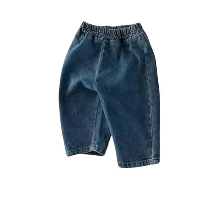 Chic Charm Unisex Baby Jeans in blue and black with a straight cut, elastic waistband, perfect for comfortable everyday wear for boys and girls.