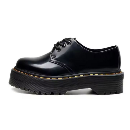 Unisex platform leather shoes black 3-eyelet design, British round toe, breathable summer shoes.