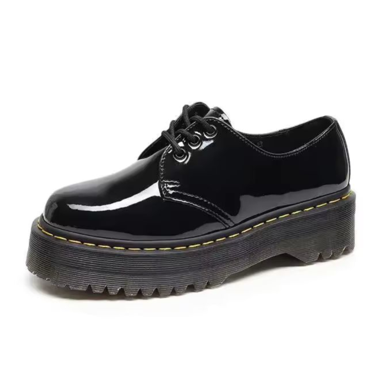 Unisex platform leather shoes black 3-eyelet design, British round toe, breathable summer shoes