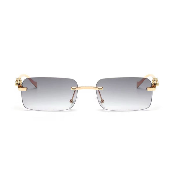 Jet black rectangular rimless sunglasses with UV400 lenses and golden panther arms
