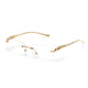 Clear rimless fashion sunglasses with gold metal panther arms and rectangular lenses
