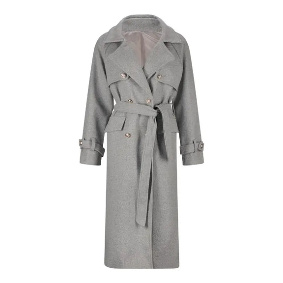 UrbanBelissima Coat - Stylish Double-Breasted Women´s Coat with Belt and Notched Collar. Chic - Gray - Fashion - Warm