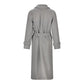 UrbanElegance Women´s Coat - Gray Double-Breasted Coat with Wide Notched Collar , Belt, and Adjustable Sleeve Cuffs.