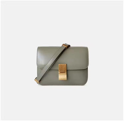 Olive green genuine leather crossbody with gold clasp and modern design — luxury everyday bag for women, versatile and chic.
