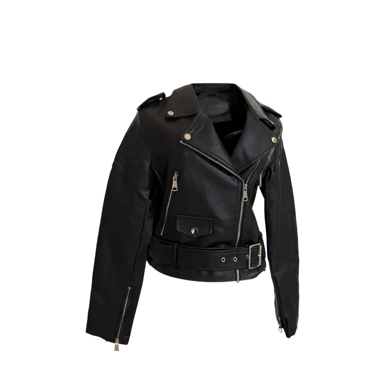 Black vegan leather jacket with wide notched collar, epaulettes on shoulders, and belted waist for a stylish and sustainable look.