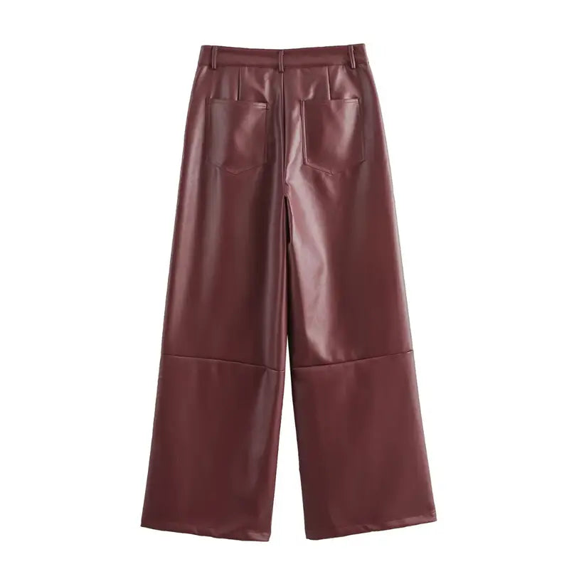 High-quality vegan leather trousers in burgundy red, perfect for casual and formal wear.