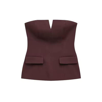 Velour Kiss Top in brown – elegant sleeveless wool-blend vest with V-notch neckline and pockets
