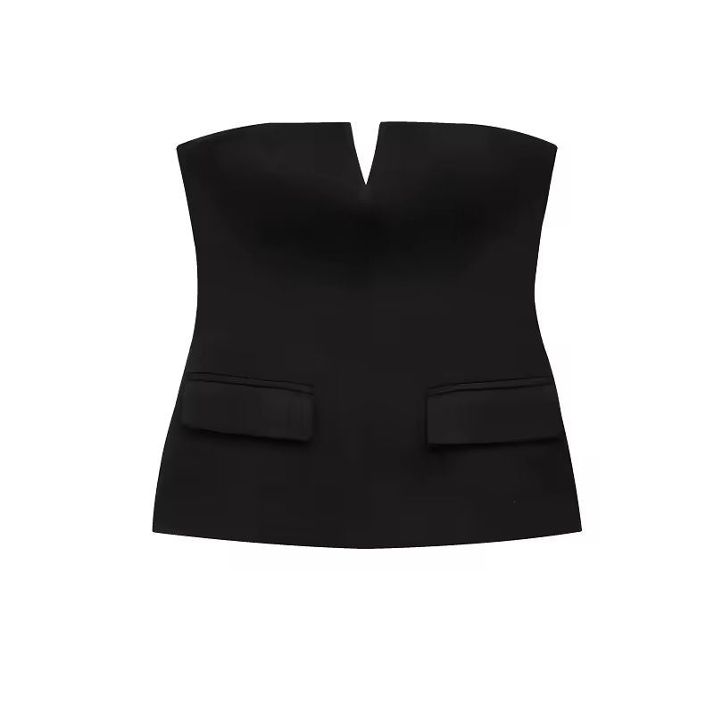 Velour Kiss Top in black – elegant sleeveless wool-blend vest with V-notch neckline and pockets
