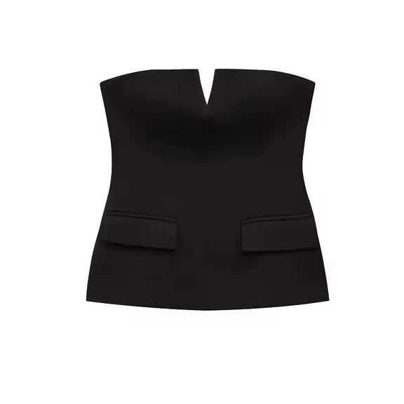 Velour Kiss Top in black – elegant sleeveless wool-blend vest with V-notch neckline and pockets
