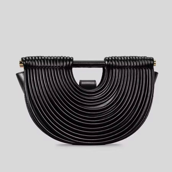 Ventaglio d’Oro clutch with detachable strap – gold metallic evening purse with solid fan silhouette and luxury detailing.