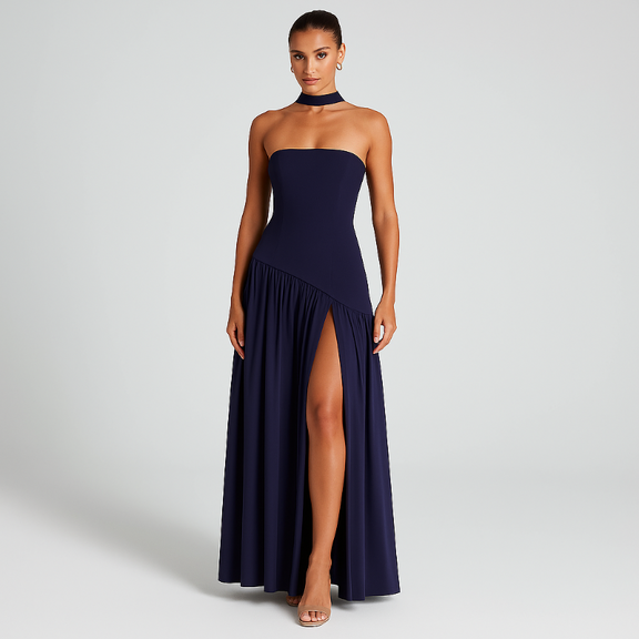 Elegant formal evening dress for women – strapless maxi with slit and matching scarf.