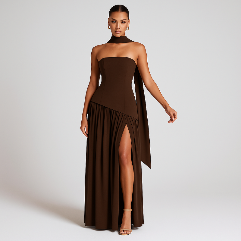 Model wearing the VICKY elegant strapless maxi dress in midnight blue with front slit and choker scarf.”
