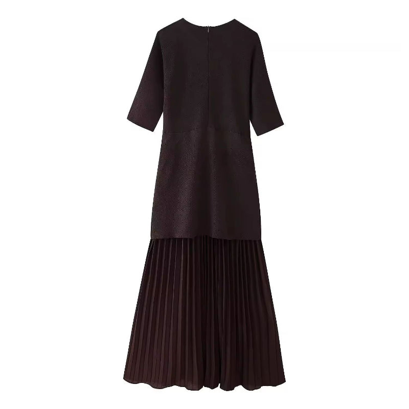 Chic taupe midi dress with pleated bottom and structured bodice – timeless A-line silhouette with soft stretch fabric