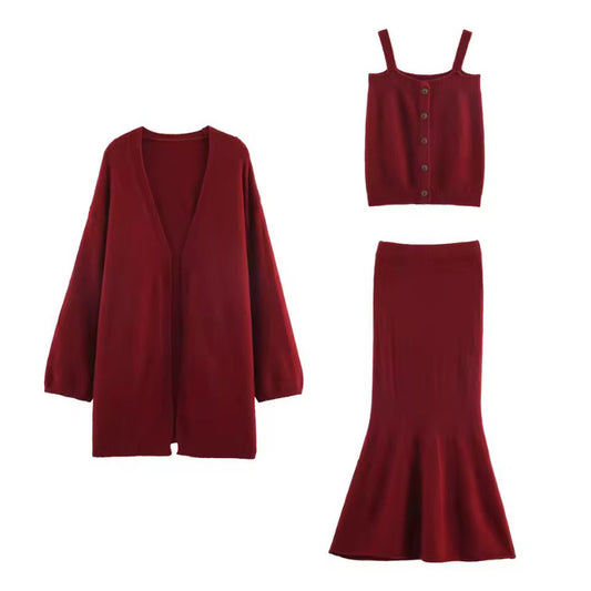 Elegant women’s 3-piece knit set with cardigan, strap top and trumpet skirt in soft fine knit fabric – autumn winter premium knitwear outfit, minimalist style.
