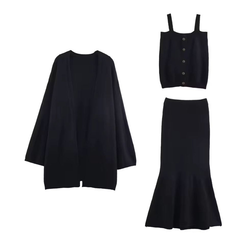 Elegant women’s 3-piece knit set with cardigan, strap top and trumpet skirt in soft fine knit fabric – autumn winter premium knitwear outfit, minimalist style.
