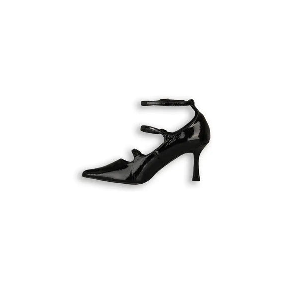 Luxurious black high heels with glossy faux leather, pointed toe, three adjustable straps with buckles, and a mid-height slim heel, perfect for formal occasions, weddings, and evening events