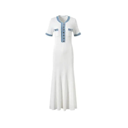 Elegant white fitted dress with blue accents, A-line skirt, front and chest pocket buttons – perfect for formal and casual chic outfits for women.