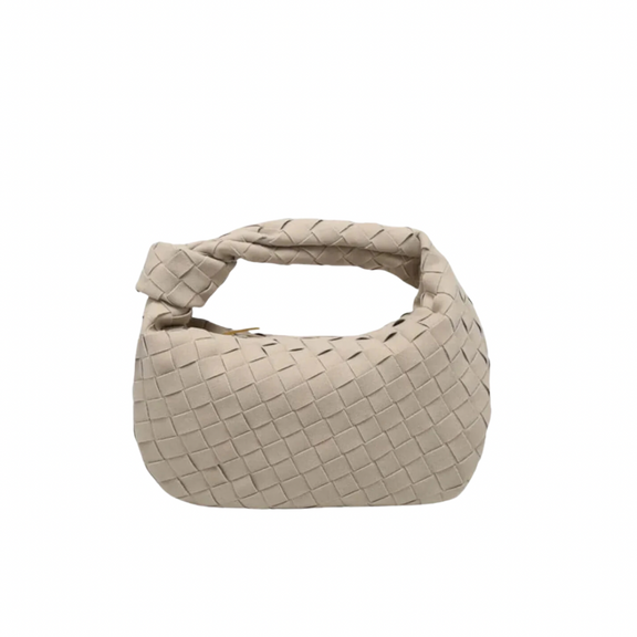 Luxe Weave Suede Handbag in classic white, featuring a chic woven design
