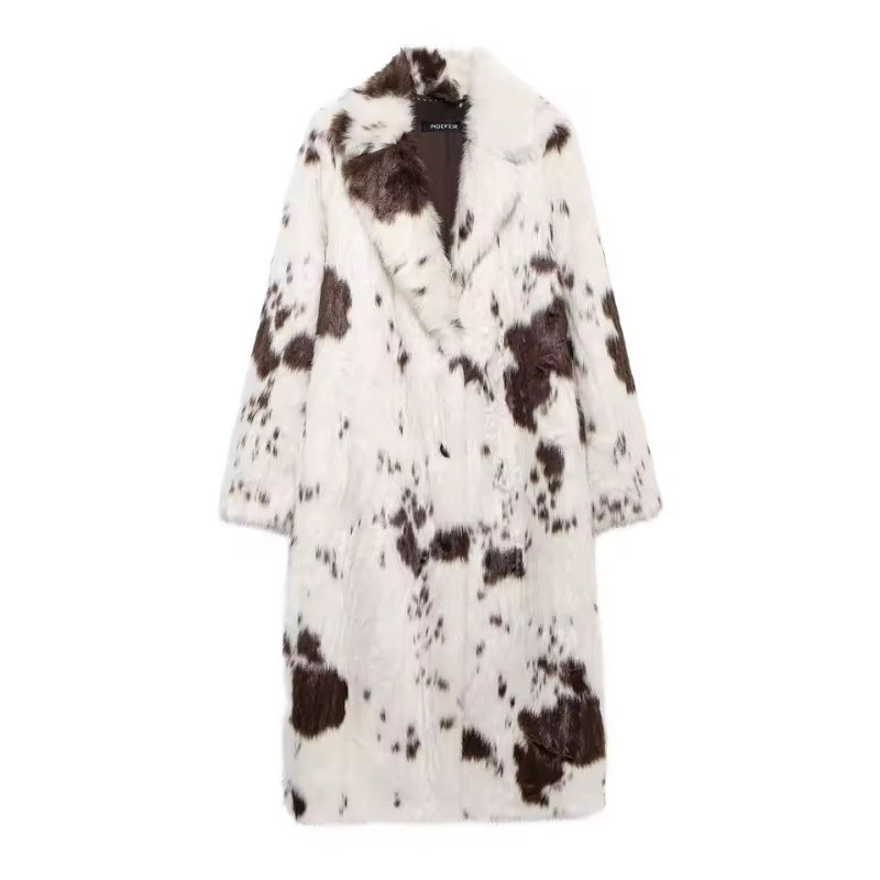 Women’s faux fur coat with brown and white animal print pattern.