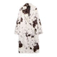 Women’s faux fur coat with brown and white animal print pattern.