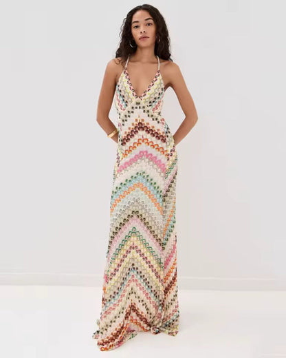 Wild Orchid Dress asymmetrical floral maxi dress with V-neck and colorful pattern, perfect for summer beach look