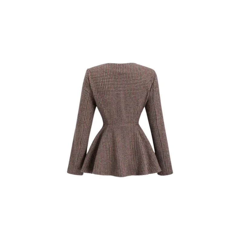 Elegant women’s jacquard A-line blazer coat with double-breasted button closure, lapel collar, and slim fit for office wear.