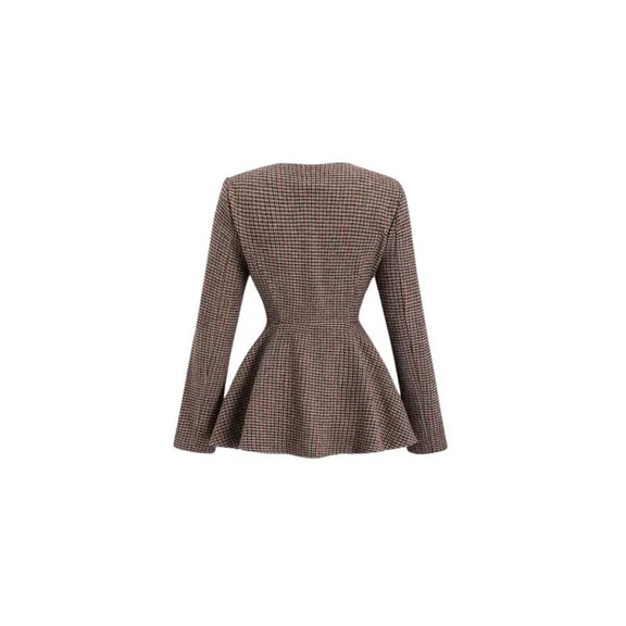 Elegant women’s jacquard A-line blazer coat with double-breasted button closure, lapel collar, and slim fit for office wear.