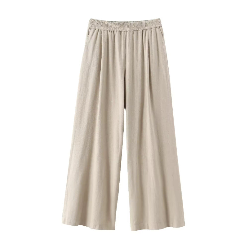 High-waisted wide-leg trousers for women in beige – pleated front with elastic waistband and side pockets, breathable polyester.