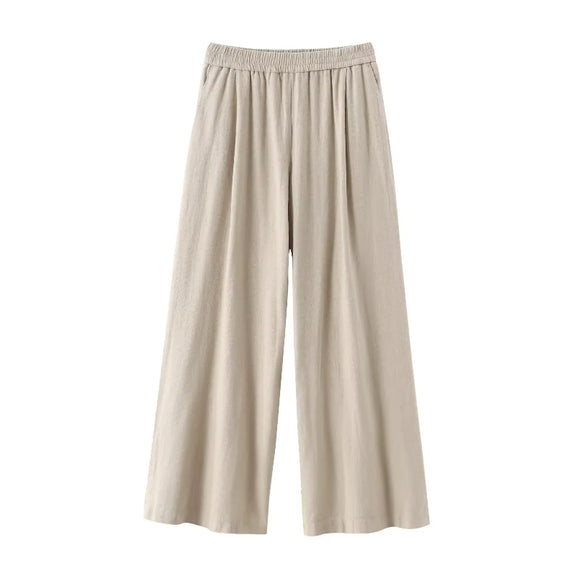 High-waisted wide-leg trousers for women in beige – pleated front with elastic waistband and side pockets, breathable polyester.