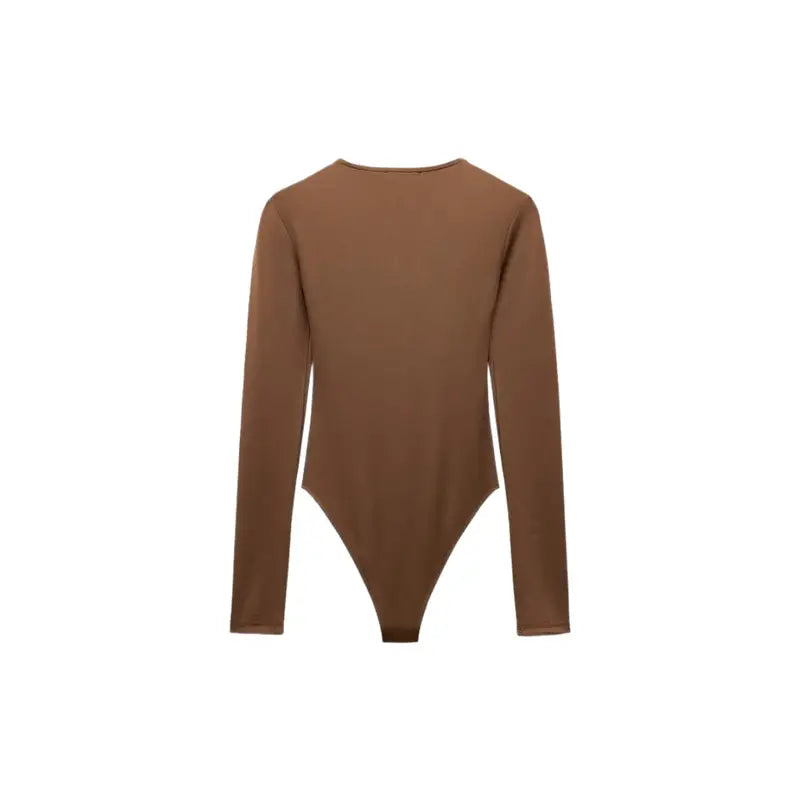 Brown tailored body for women with round neck and long sleeves, made from polyester, cotton, and elastane for comfort and flexibility.