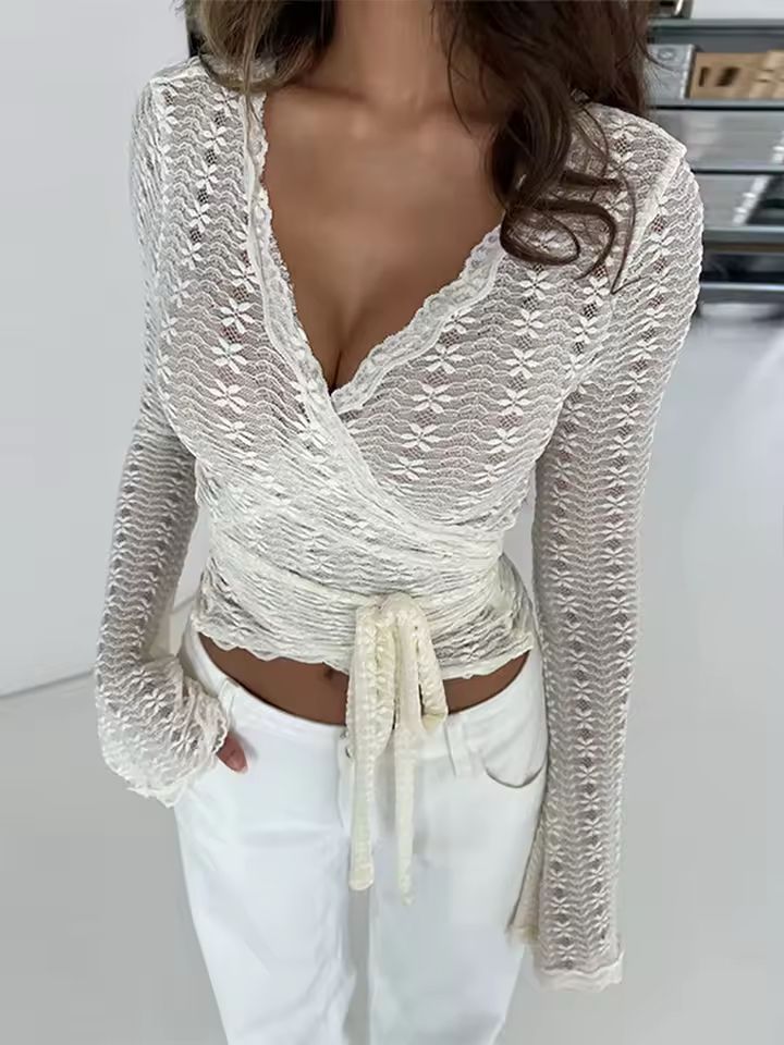 Chic long sleeve lace wrap top in white – feminine evening blouse