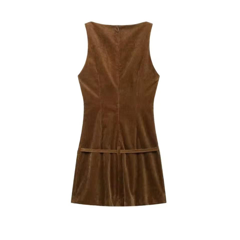 Brown corduroy mini dress with belt – Liora sleeveless women’s dress waist detail trendy casual chic outfit
	