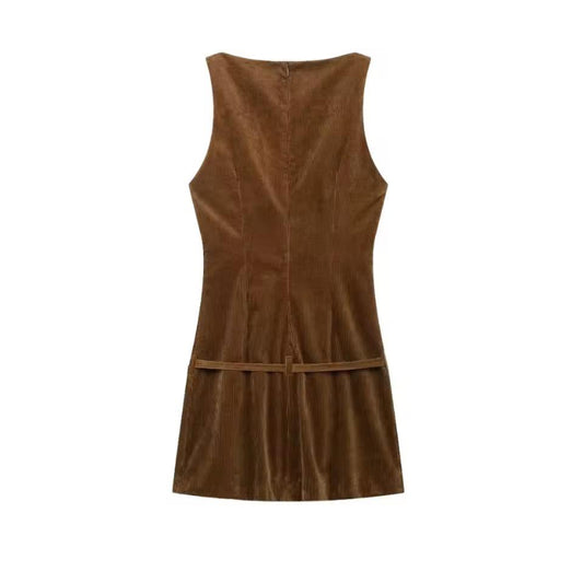 Brown corduroy mini dress with belt – Liora sleeveless women’s dress waist detail trendy casual chic outfit
	