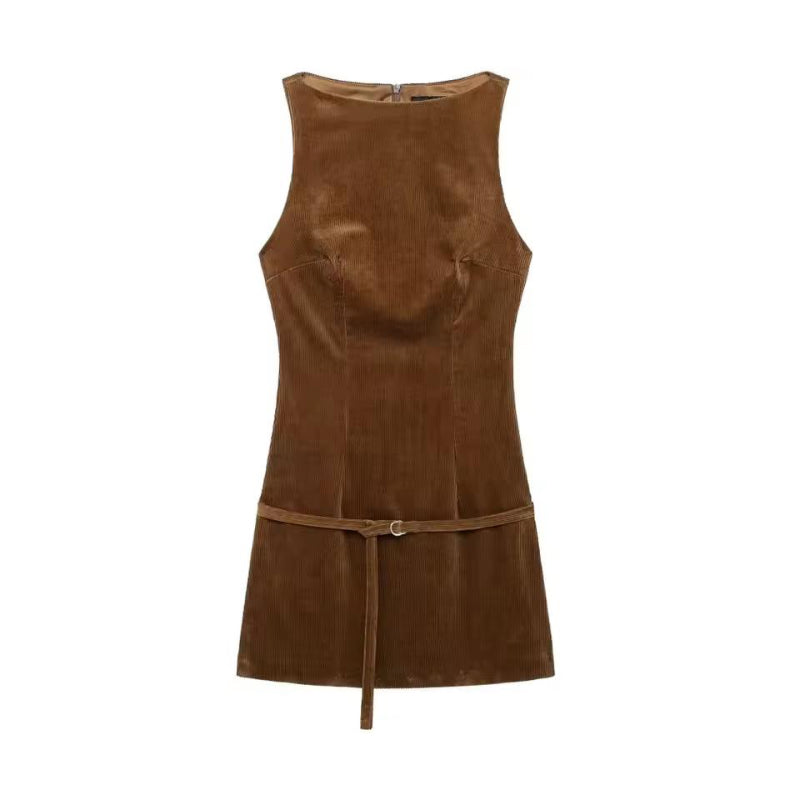 Liora Cord Mini Dress brown – women’s sleeveless corduroy mini dress with belt front view casual chic style
