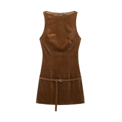 Liora Cord Mini Dress brown – women’s sleeveless corduroy mini dress with belt front view casual chic style
