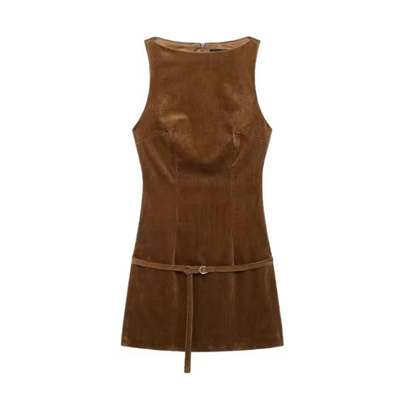 Liora Cord Mini Dress brown – women’s sleeveless corduroy mini dress with belt front view casual chic style
