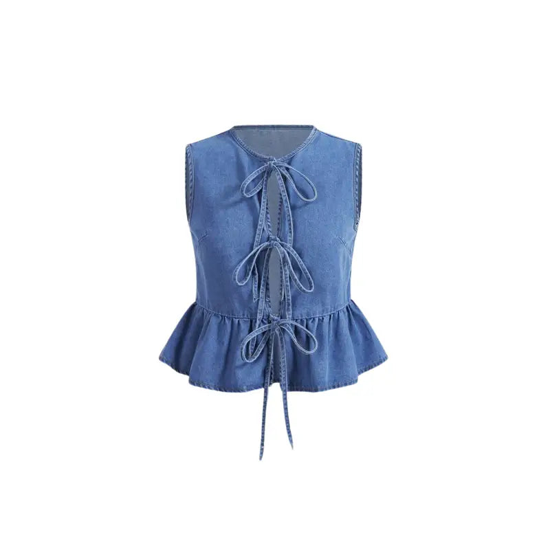 Women’s sleeveless denim top with bow detail, short cut, bleached wash, and comfortable regular fit. Perfect for casual summer wear and everyday outfits.