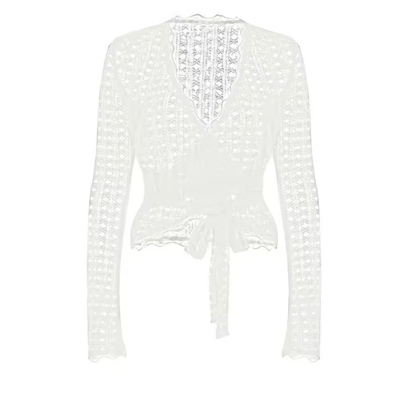 Elegant white lace wrap top with V-neckline and long sleeves for women
